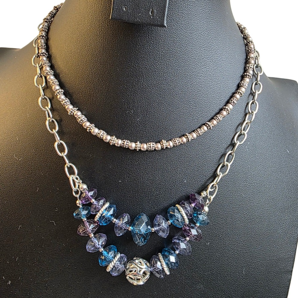 Vintage Napier Necklaces Blue Purple Beaded and Multi Beaded‎ Choker Silver Tone